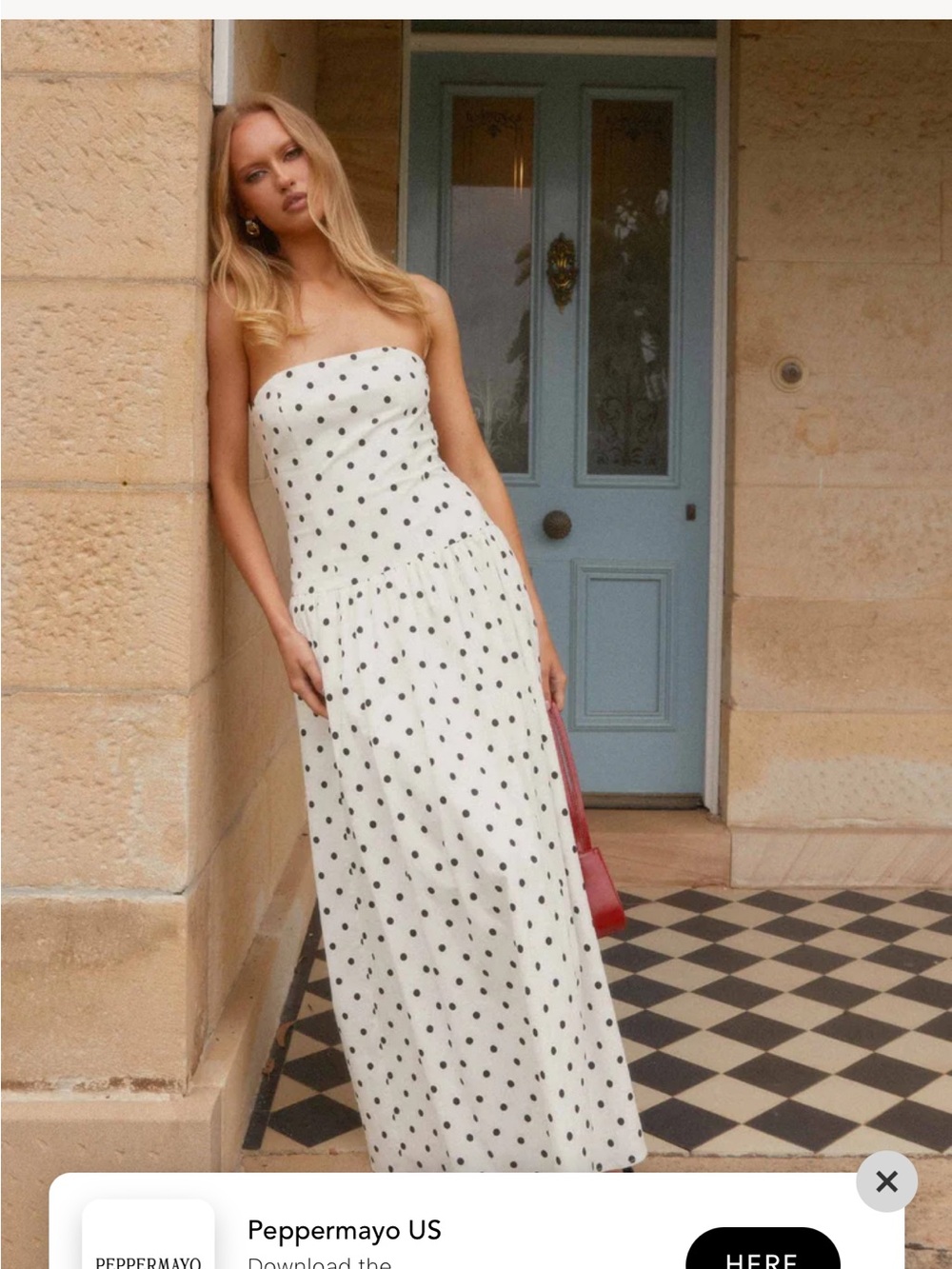 Peppermayo White Strapless Black Polka Dot Maxi Dress